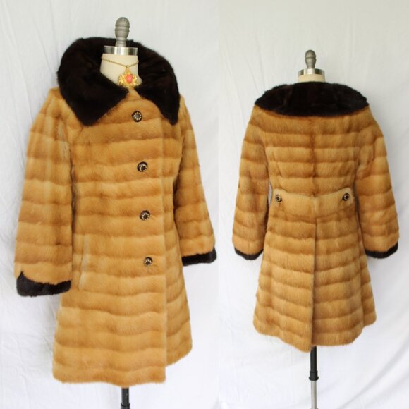 David Green Vintage Mink fur Princess dress coat brown Mod Jackie O 60's stripe - Picture 1 of 10